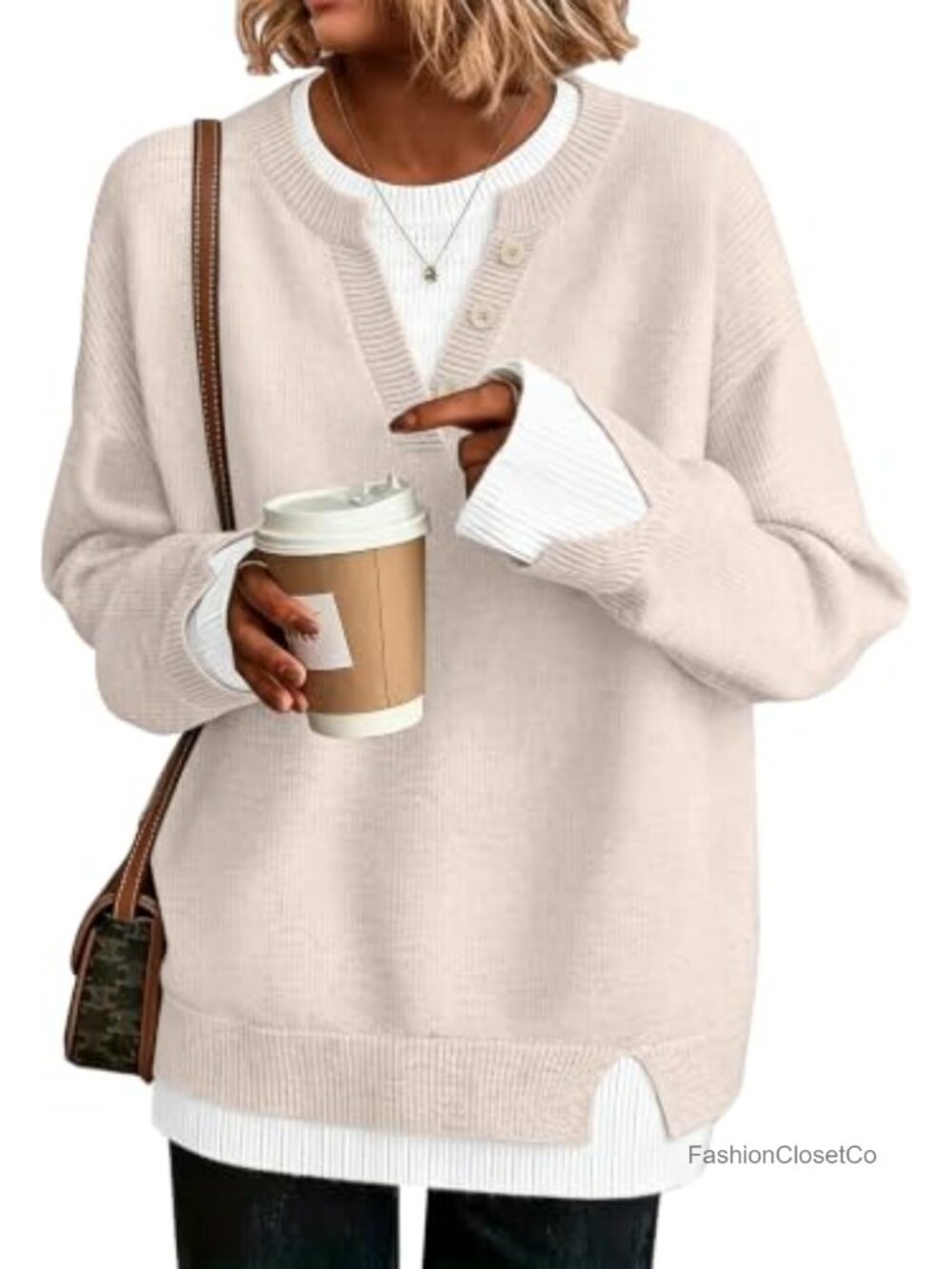 Women's Knit Pullover Sweater Crewneck Long Sleeve Side Slit Loose Fit Fall Top